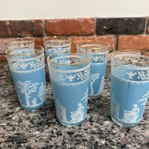 Vintage Hellenic Pattern Blue and White Glass Set with Gold Accents